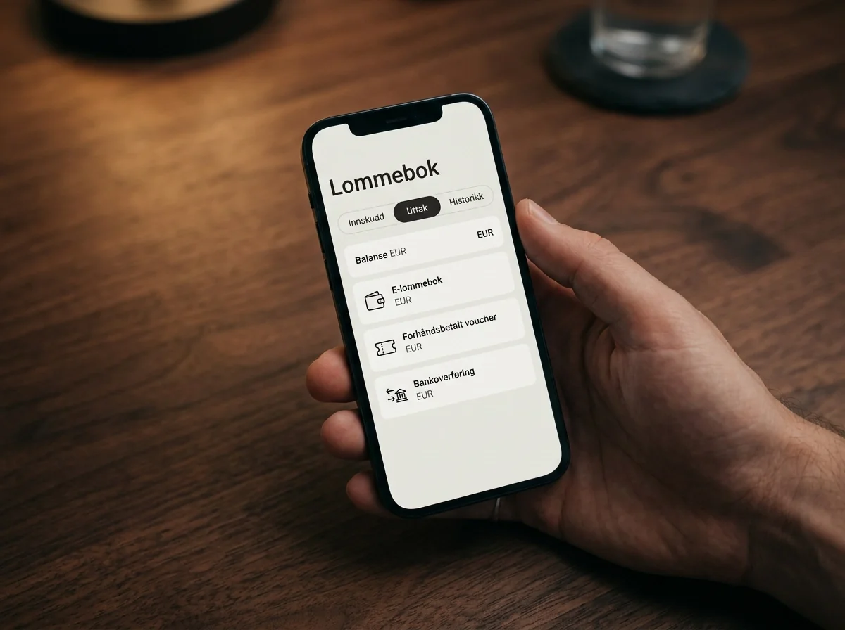 Mobiltelefon med e-lommebok og fintech-app som alternativ til Mastercard på betting